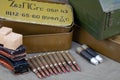 12.7Ãâ108mm cartridges for a 12.7 mm heavy machine gun DShK used by the former Soviet Union with another ammunition. Text in Royalty Free Stock Photo